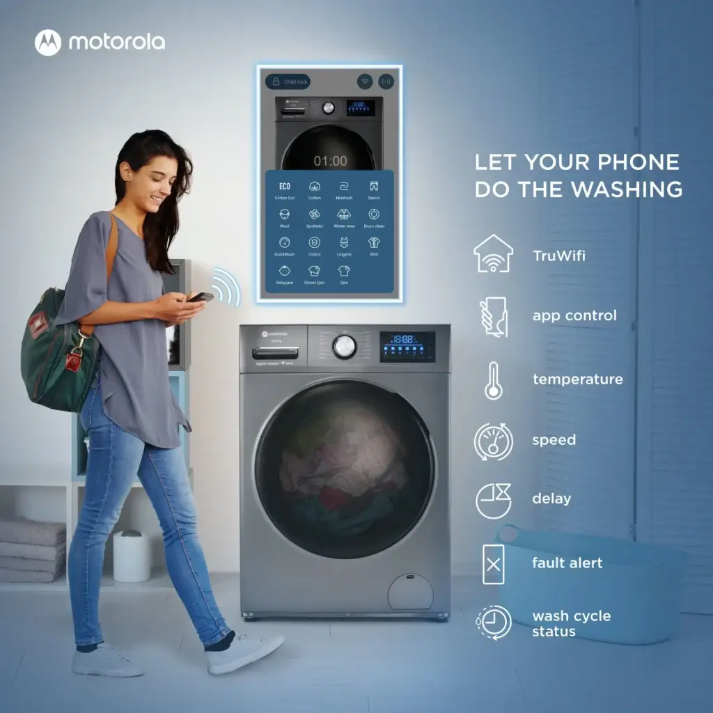 Motorola TruWiFi app control panel for front load washing machine.