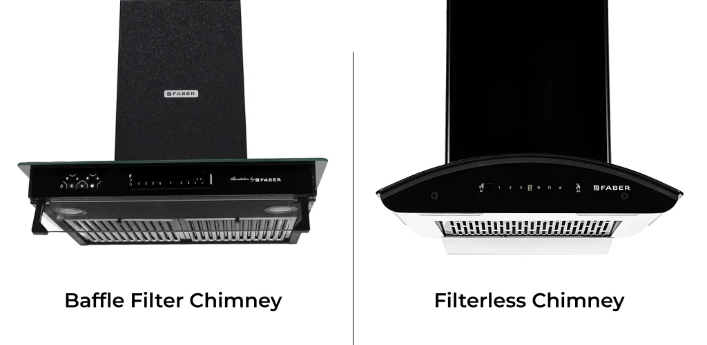 Diagram comparing airflow paths in baffle filter and filterless kitchen chimneys.