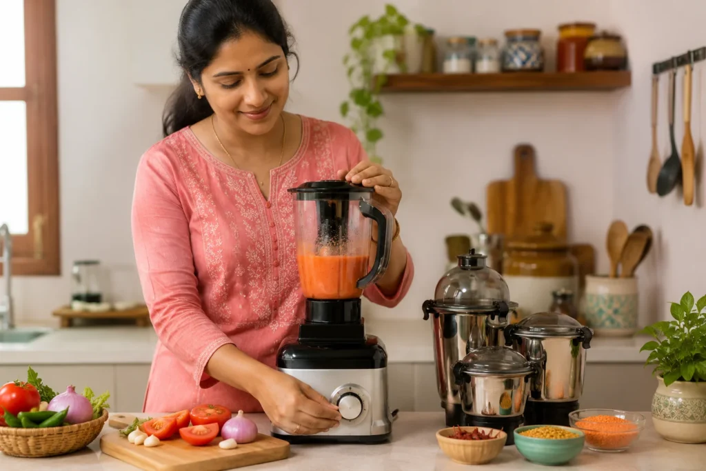 mixer grinder on an Indian kitchen counter with jars for buying guide