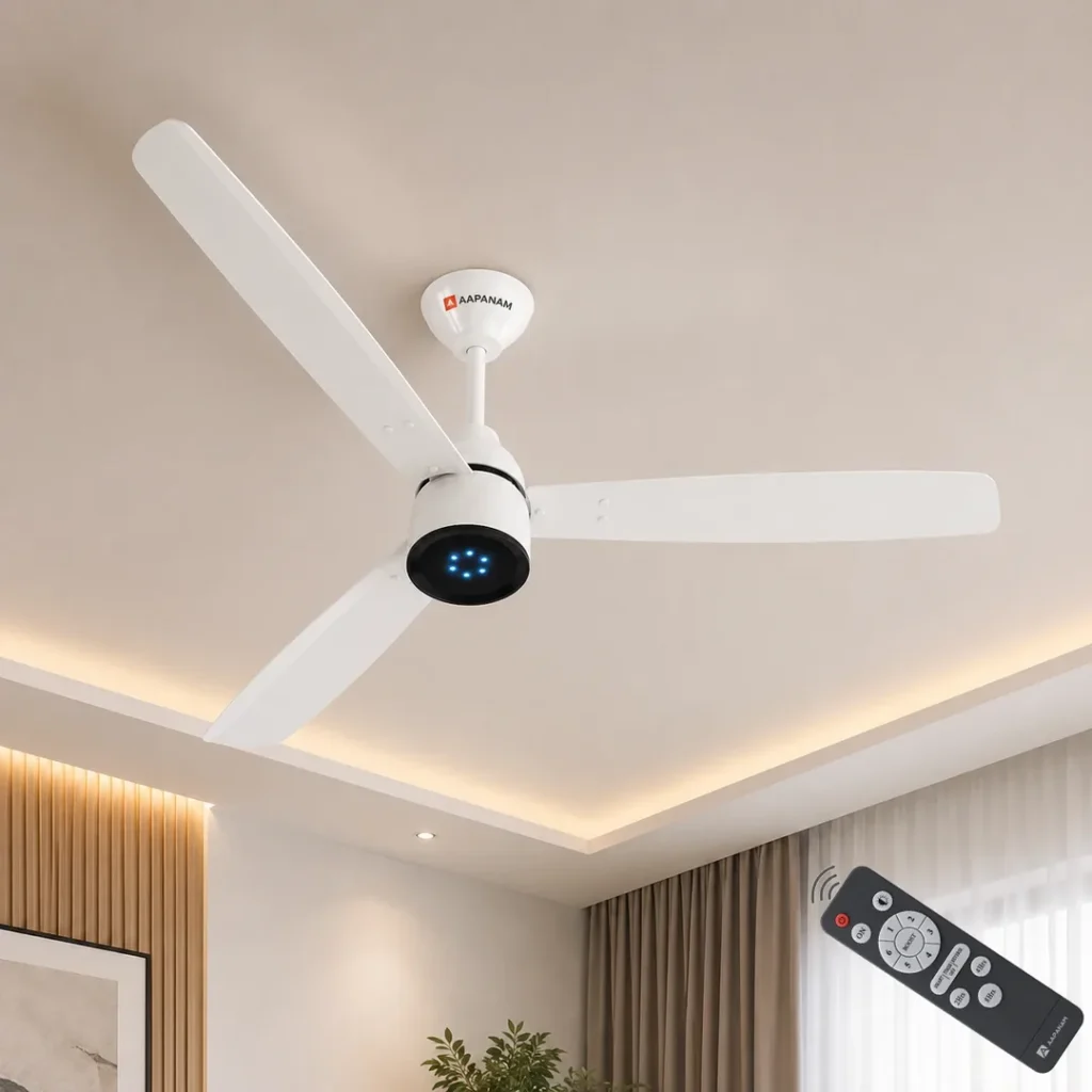BLDC ceiling fan installed in an Indian bedroom