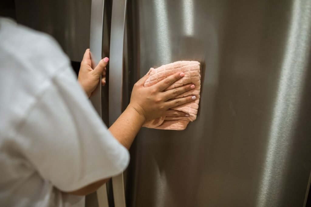 Hands using cloth to wipe stainless steel refrigerator. Indoor cleaning action.