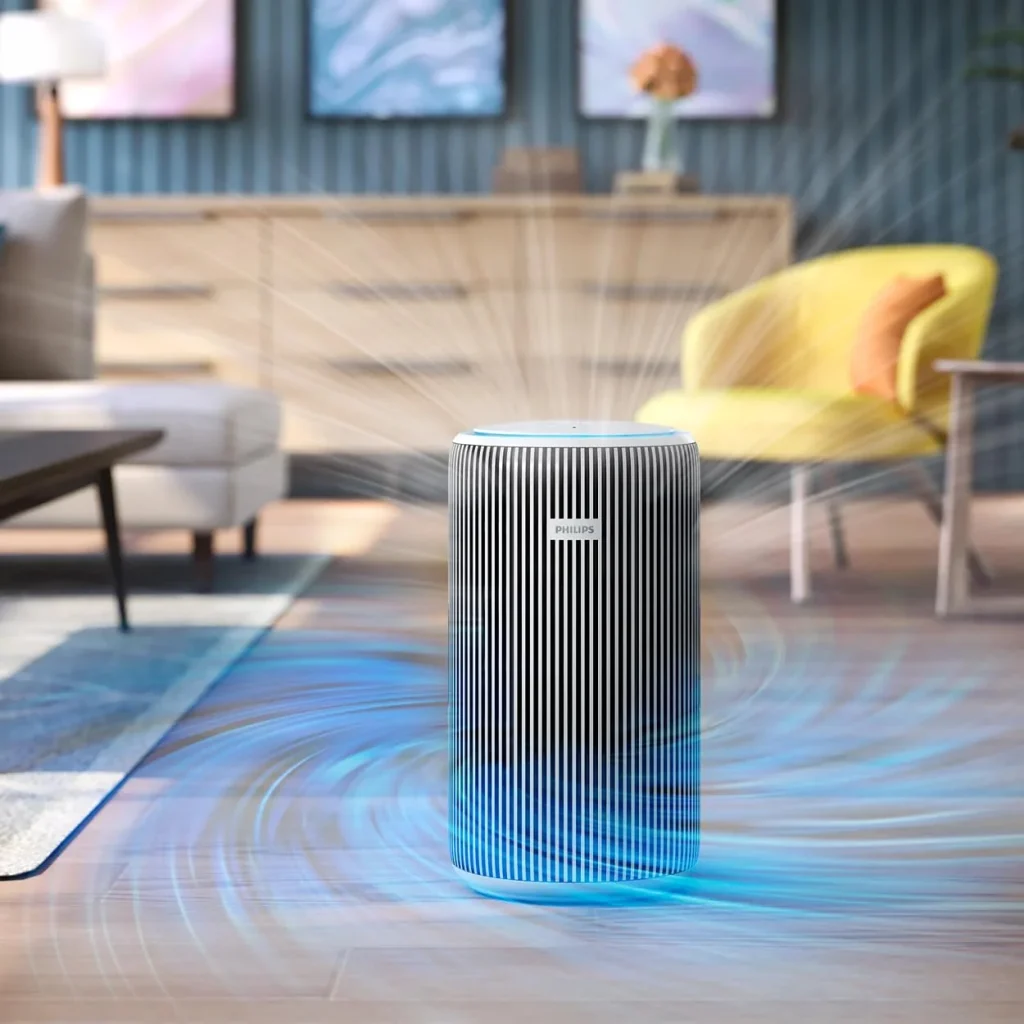 Air purifier running in an Indian living room during smog season